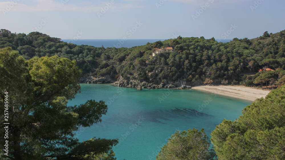 Obraz premium Spiaggia di Fetovaia in inverno, Isola d'Elba. Veduta aerea. Toscana, Italia