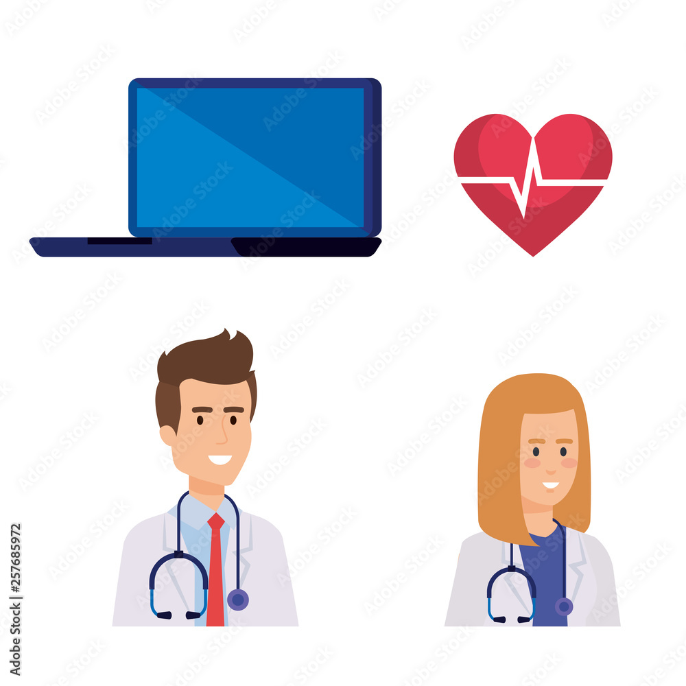 set laptop technology with doctors and heartbeat set laptop technology with doctors and heartbeat