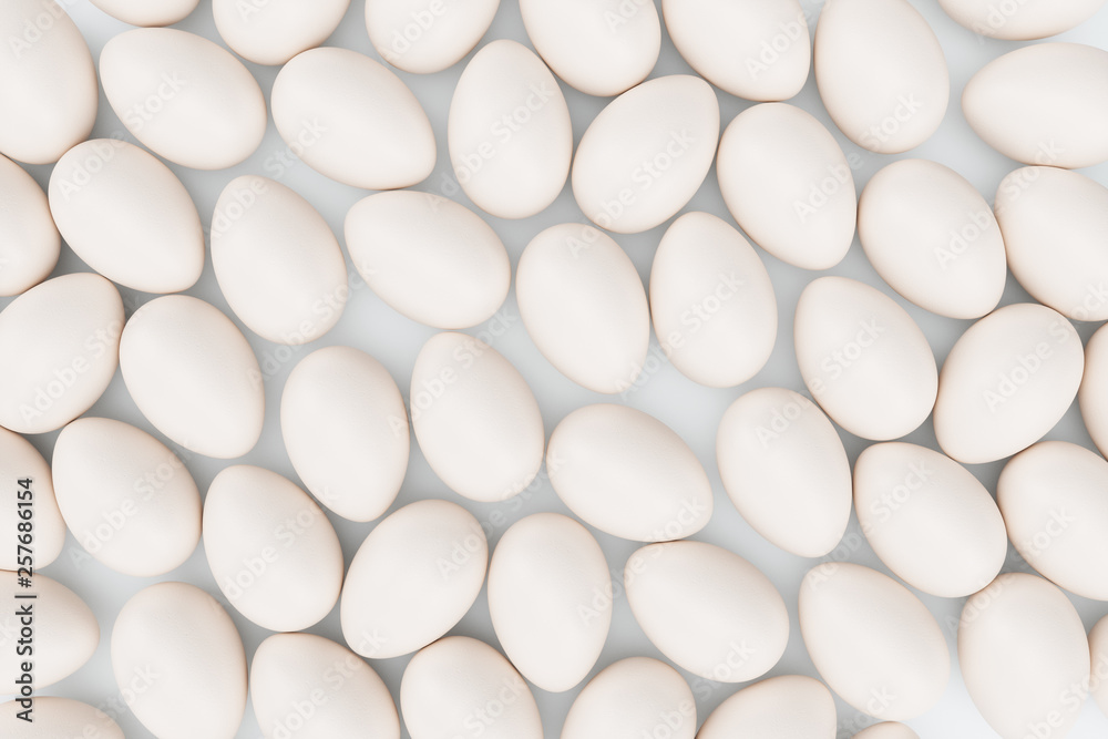 White eggs. Background of eggs. Concept happy easter. Eggs as a symbol of the holiday. Background for healthy food, easter, eggs food production. 3D illustration