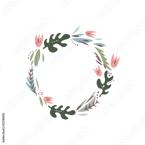 Vector floral illustration, frame or wreath, scrapbook design, pastel florals set, template for logo © Knstart Studio
