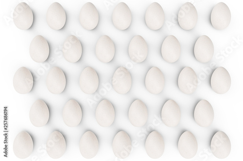 Fototapeta Naklejka Na Ścianę i Meble -  Pattern white eggs. Background of eggs. Concept happy easter. Eggs as a symbol of the holiday. Background for healthy food, easter, eggs food production. 3D illustration