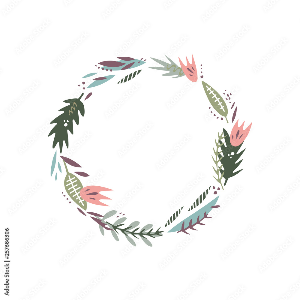 Vector floral illustration, frame or wreath, scrapbook design, pastel florals set, template for logo