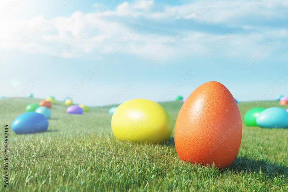 Colorful eggs in a meadow on a sunny day against the blue sky. Multicolored painted easter eggs on grass, lawn. Concept easter eggs hunt in sunday. Easter symbol holiday in April. 3D illustration Colorful eggs in a meadow on a sunny day against the blue sky. Multicolored painted easter eggs on grass, lawn. Concept easter eggs hunt in sunday. Easter symbol holiday in April. 3D illustration