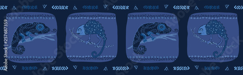 Indigo blue chameleon lizard seamless border pattern. Repeatable reptile vector illustration. Pet store zoo camouflage design washi tape. Hand drawn exotic allover print. Animal silhouette ribbon trim