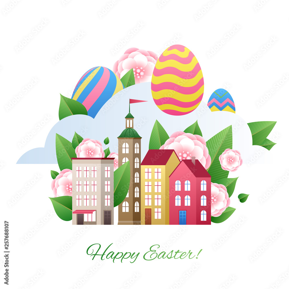 Happy Easter greetings illustration with eggs and city.