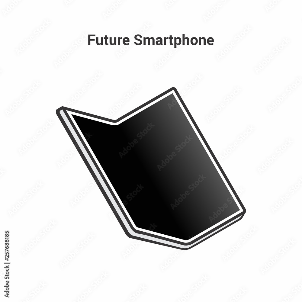 The smart of the future. Black and white icon on an isolated background. Folding smartphone. Bending modern display The smart of the future. Black and white icon on an isolated background. Folding smartphone. Bending modern display