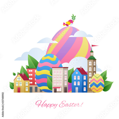 Happy Easter greetings illustration with eggs and city.