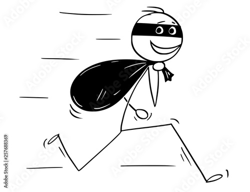 Cartoon stick figure drawing conceptual illustration of smiling thief running with bag of loot.