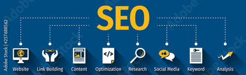 SEO search engine optimization banner web icon for business and marketing, traffic, ranking, optimization, link and keyword. Minimal vector infographic.