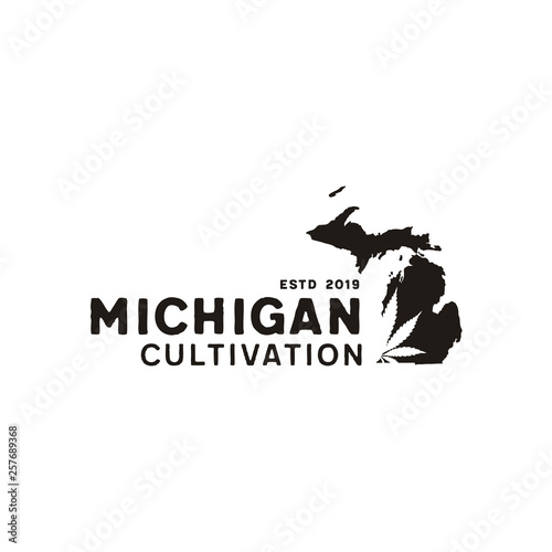 US State Michigan Map with Cannabis Leaf Weed for Marijuana Hemp Cultivation or CBD Logo