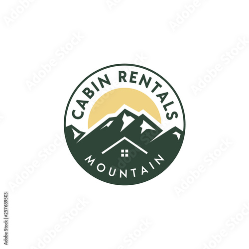 Mountain view with cabin for family village cottage house rent emblem badge label logo design