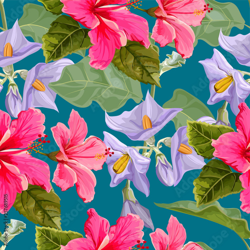 Flower seamless pattern with hibiscus and eggplant flower  -vector