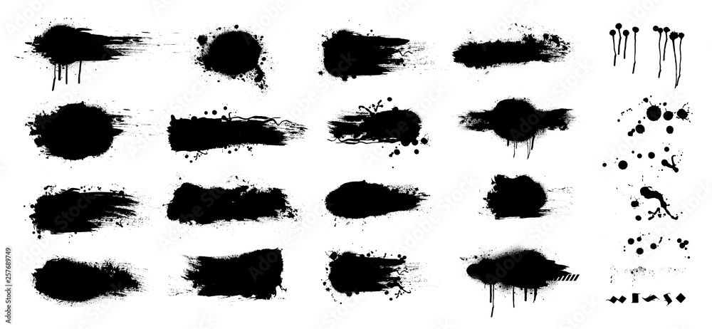 Ink splashes. Black inked splatter dirt stain splattered spray splash with drops blots isolated vector grunge silhouette set - obrazy, fototapety, plakaty 