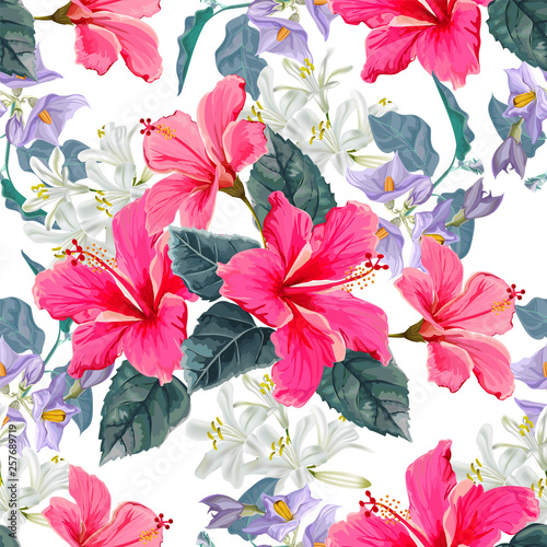 Flower seamless pattern with hibiscus,eggplant flower and agapanthus -vector