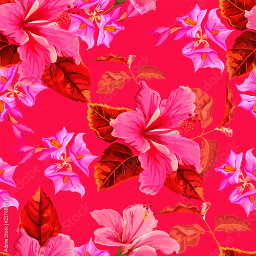 Flower seamless pattern with hibiscus and eggplant flower  -vector