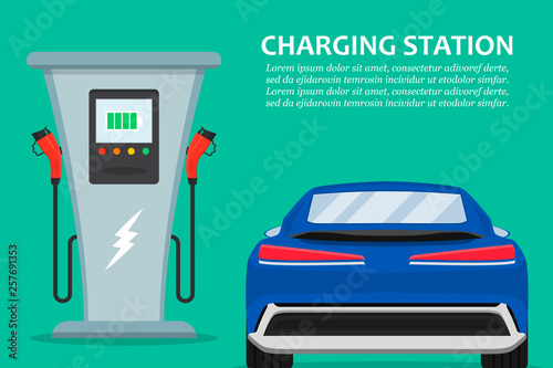Electric car charging station with car in a flat design