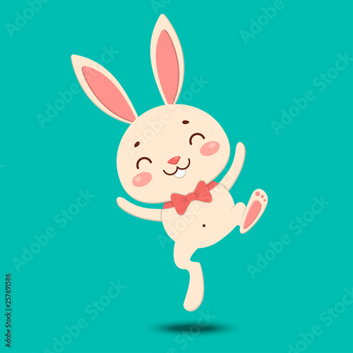 A cute cartoon bunny in a red bow tie is jumping, dancing and smiling. Isolated on turquoise background