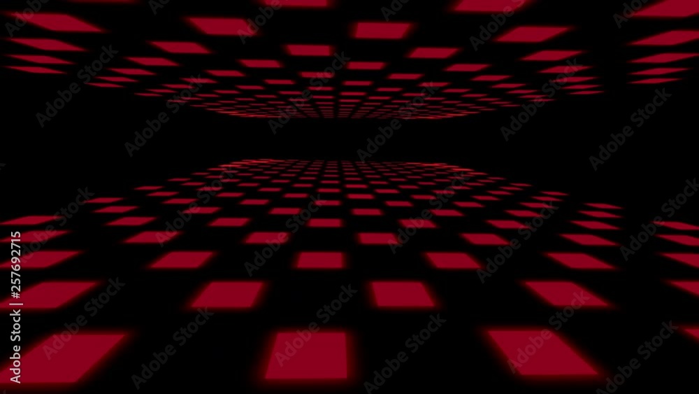 3D red dance floor with multiple flashing lights seamless loop. 4k.