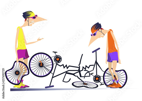 Road accident, two cyclists and broken bikes illustration. Broken bikes and angry cyclist holds a broken wheel and scolds the sad cyclist with hang his head isolated illustration