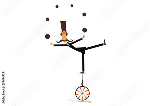 Equilibrist mustache man on the unicycle juggles the balls illustration. Funny long mustache man in the top hat balances on the unicycle and juggles the balls isolated on white illustration