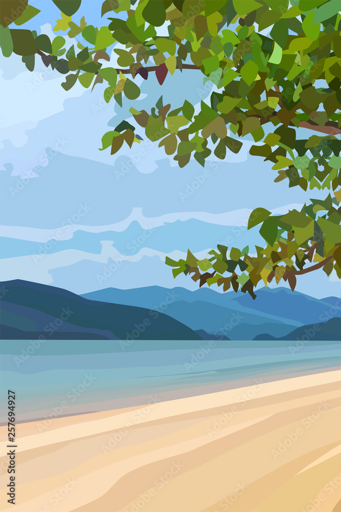 drawn summer landscape of a river with mountains and a sandy beach