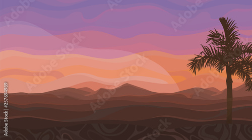painted desert landscape at sunset with palm tree