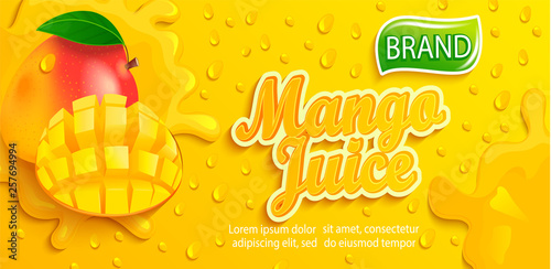 Fresh mango juice splash banner with apteitic drops from condensation, fruit slice on gradient yellow background for brand,logo, template,label,emblem,store,packaging,advertising.Vector illustration