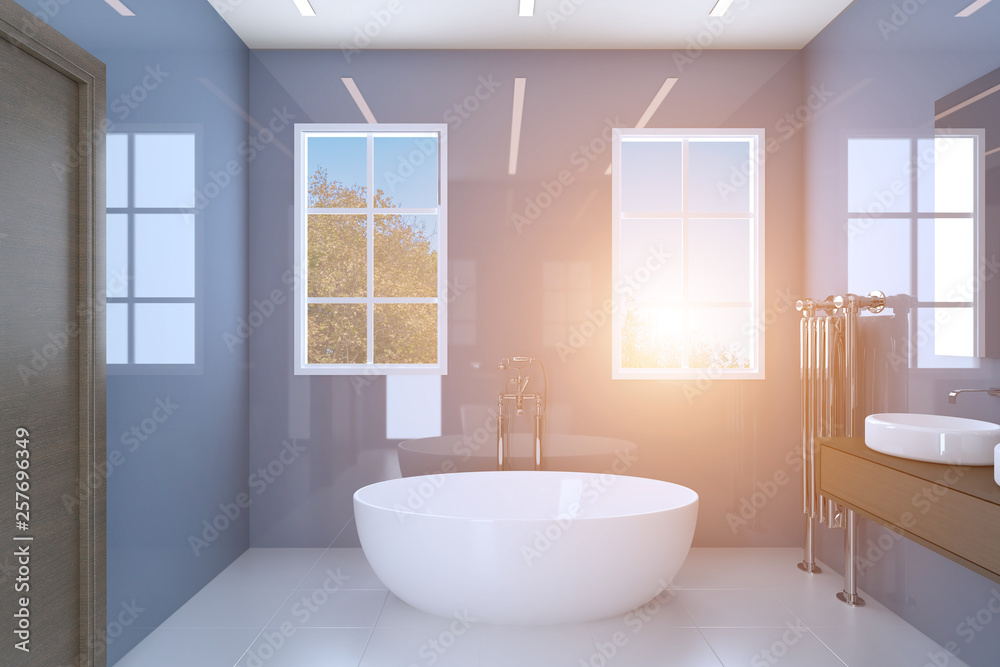 Blue bathroom with two washbasins and large windows. Sunset. 3D rendering Blue bathroom with two washbasins and large windows. Sunset. 3D rendering