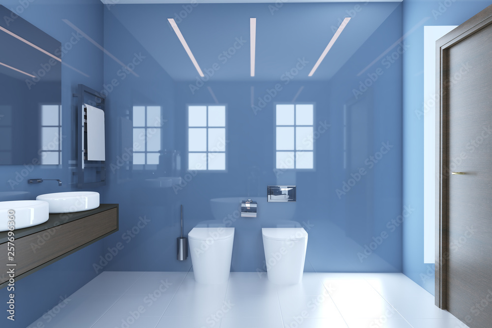 Fototapeta premium View of the wash basin and bidet in the blue bathroom.. 3D rendering