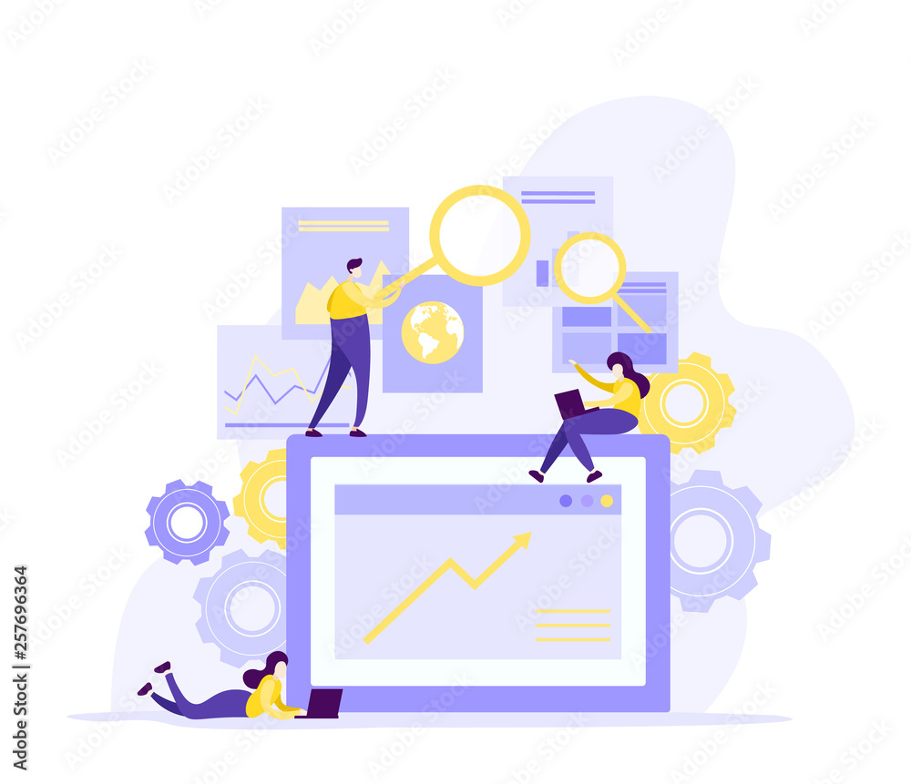 Flat illustration  design of workers  data analysis solution or search engine for website page templates, banner  , graphic and web design, SEO, . Modern vector and mobile website development.