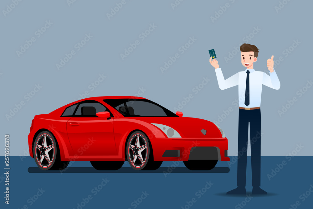 Happy businessman, seller stand and holding credit card in front of luxury car that parking in large showroom. Happy businessman, seller stand and holding credit card in front of luxury car that parking in large showroom.