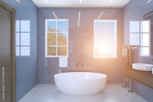 Blue bathroom with two washbasins and large windows. Sunset. 3D rendering