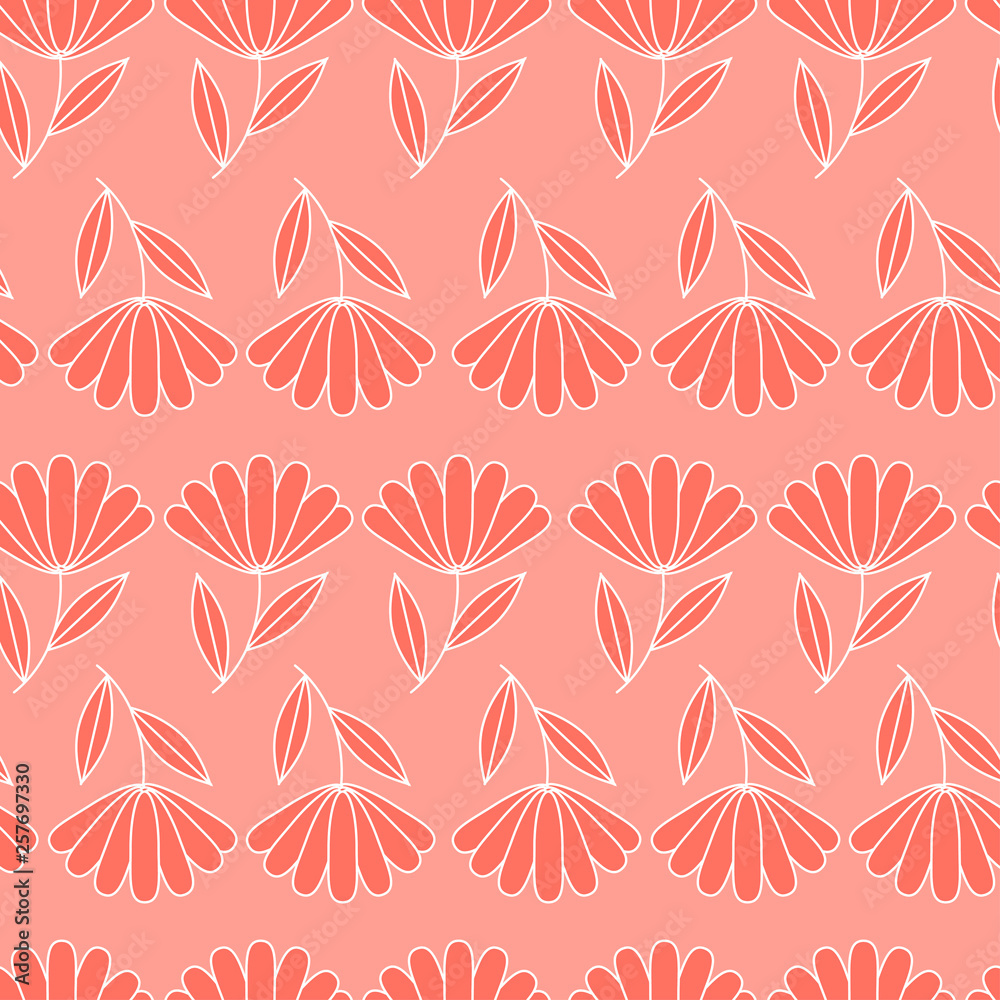 Seamless vector floral pattern with blue and coral-pink shades of flowers that can be used for your wallpapers, backgrounds, background images, fabric patterns, clothing prints, labels. Vector graphic