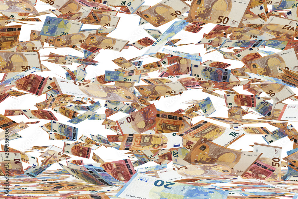 3D rendering of a computer generated simulation showing a large number of banknotes of 10, 20 and 50 Euro falling down, on white background 3D rendering of a computer generated simulation showing a large number of banknotes of 10, 20 and 50 Euro falling down, on white background
