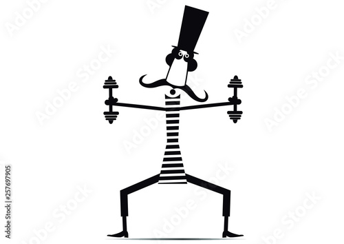Cartoon long mustache man does exercises with dumbbells isolated illustration. Mustache man in the top hat dressed a striped athletic tights does exercises with dumbbells black on white