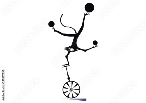 Cartoon monkey on the unicycle juggles the balls illustration. Funny monkey balances on the unicycle one hand head over heels and juggles the balls black on white illustration
