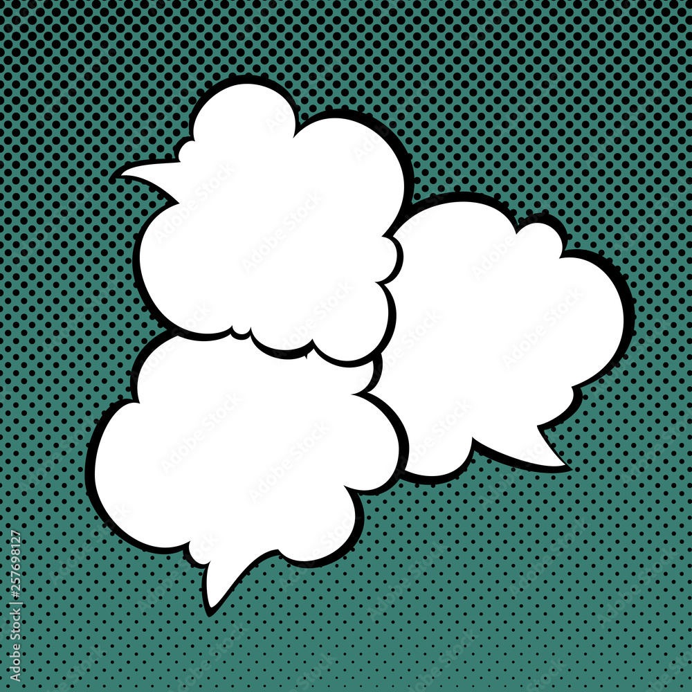 Three speech Bubbles on Green Pop Art Background with Black Dots , Conversation on Halftone Retro Style Background, Vector Illustration Three speech Bubbles on Green Pop Art Background with Black Dots , Conversation on Halftone Retro Style Background, Vector Illustration
