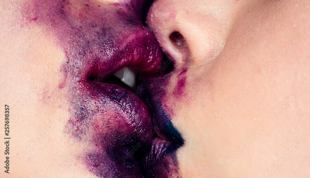 Lesbian couple kiss lips. Passionate kissing. Lipstick and lipgloss.  Romantic dirty young lesbian couple kissing. Stock Photo | Adobe Stock