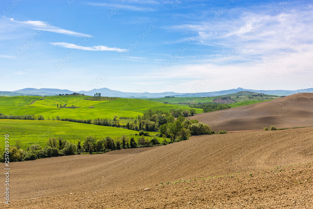 Tuscan rolling rural landscape view in the spring