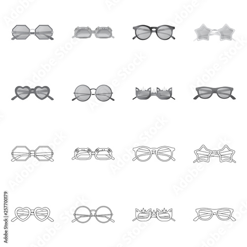 Vector illustration of glasses and sunglasses sign. Set of glasses and accessory vector icon for stock.