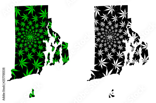 State of Rhode Island and Providence Plantations (United States of America, USA, U.S., US) - map is designed cannabis leaf green and black, Rhode Island map made of marijuana (marihuana,THC) foliage,