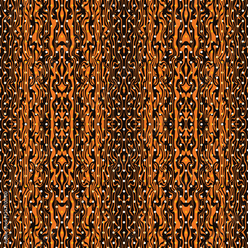 Abstract seamless pattern with mirrored symmetrical, warped stripe shapes and dots in shades of brown, orange, tan, black and white.