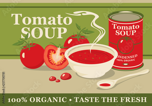 Vector banner for condensed tomato soup. Illustration with a full plate of delicious tomato soup, with a tin can and whole and sliced tomatoes.