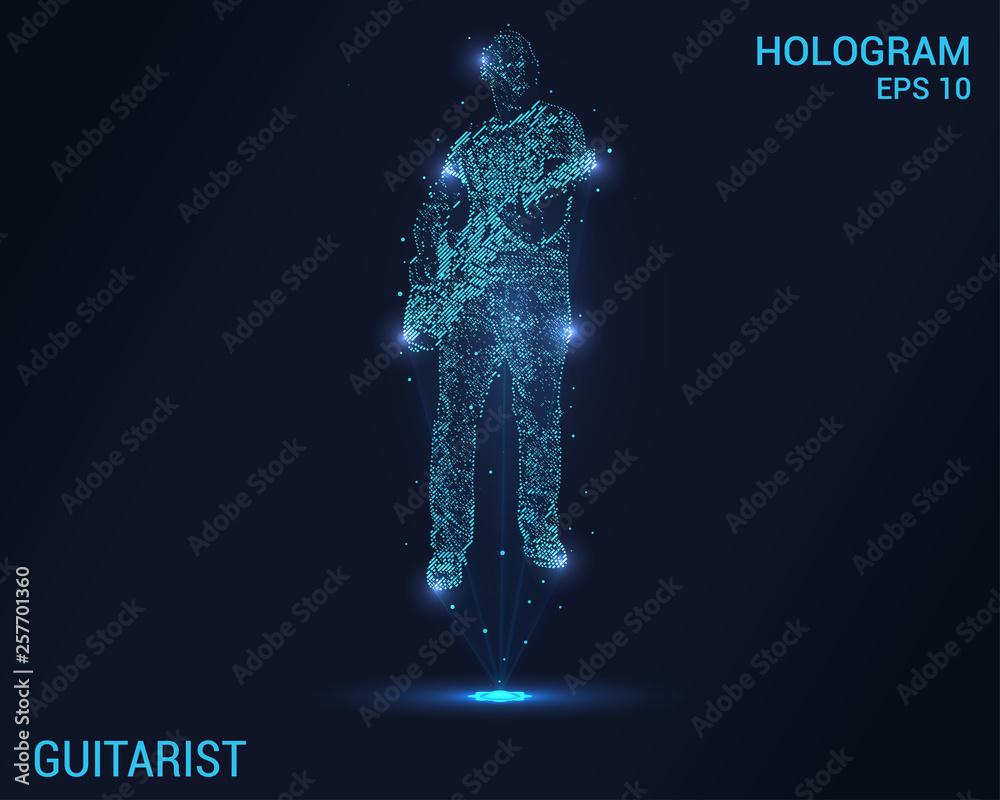 Obraz premium Guitarist hologram. Digital and technological background guitarist. Futuristic music design.