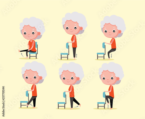 Old woman exercise set with chair For the health of the elderly, cartoon vector