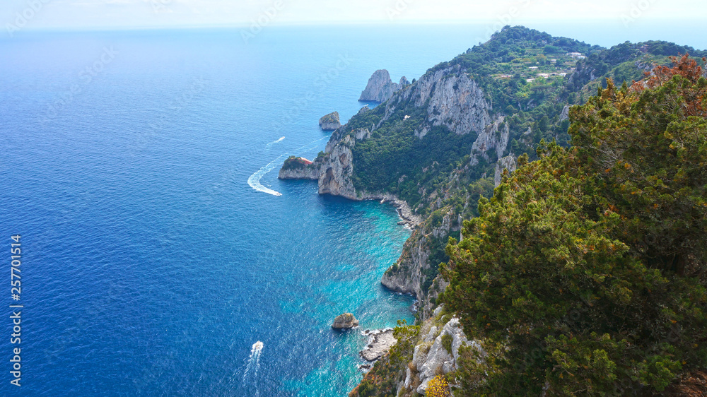 View from a cliff on the island of Capri, and rocks in the sea