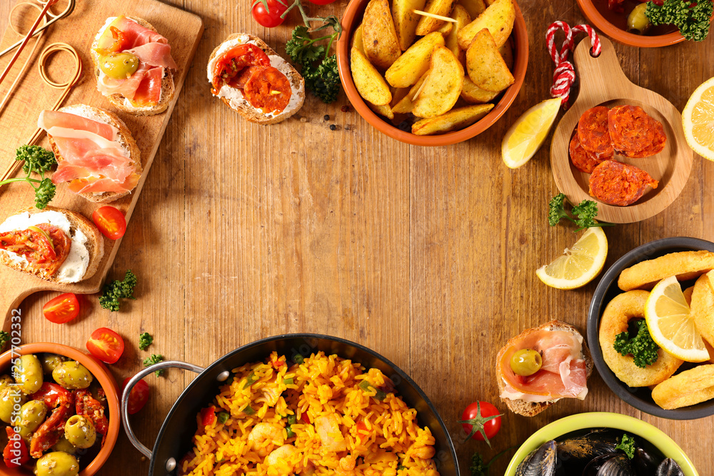 tapas, potato bravas, mussel and paella, assorted of spanish food tapas, potato bravas, mussel and paella, assorted of spanish food