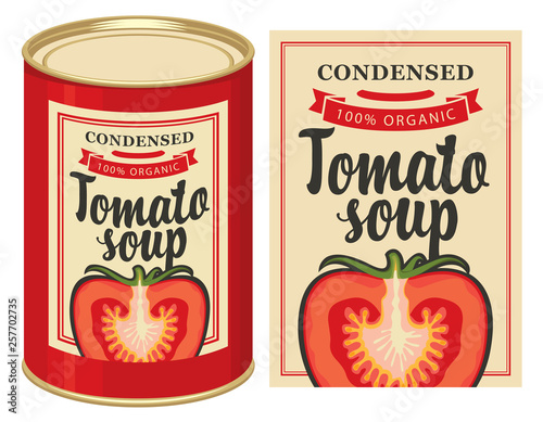 Vector illustration of label for condensed tomato soup with the image of a cut tomato and tin can with this label