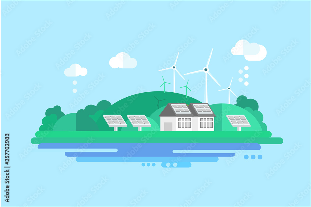 Eco residential house with solar panels and wind turbines, renewable energy concept vector illustration