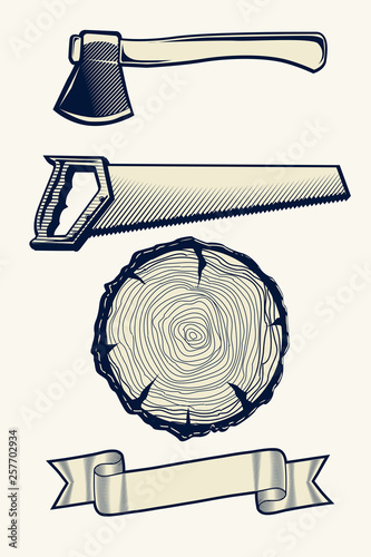 Saw, axe and stump - design elements